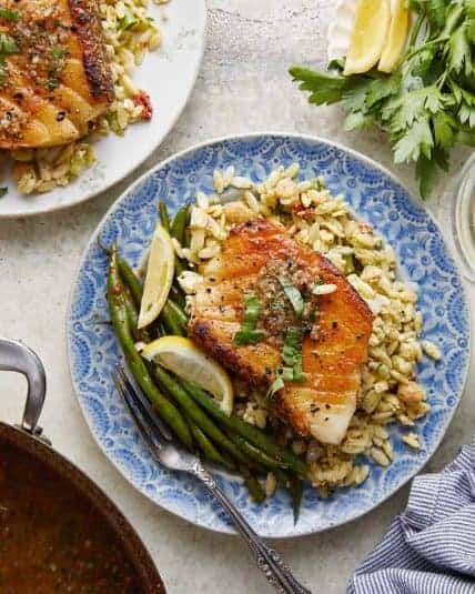 Overhead image of pan seared chilean sea bass.