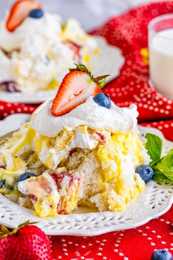 4th of July Trifle on white plate topped with a strawberry.
