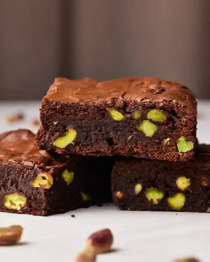 Pistachio brownies with pistachio ganache smothered on top.