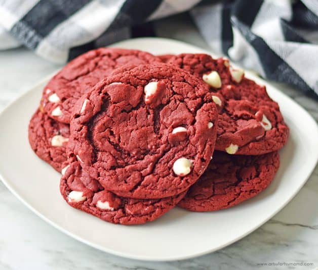 Red Velvet Cake Mix Cookies on a white plate.