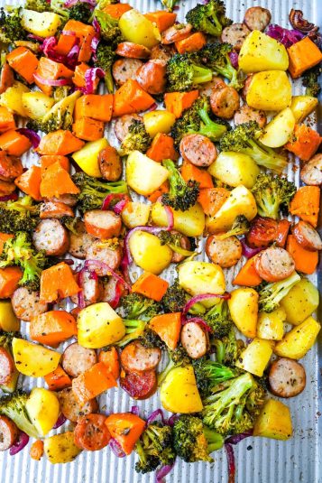 Close up of Sheet Pan Chicken Sausage and Veggies.