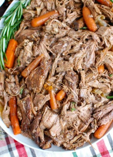 Slow Cooker Balsamic Pot Roast on a white plate.