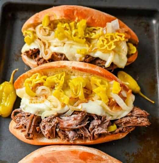 Top view of Slow Cooker Italian Beef Sandwiches.