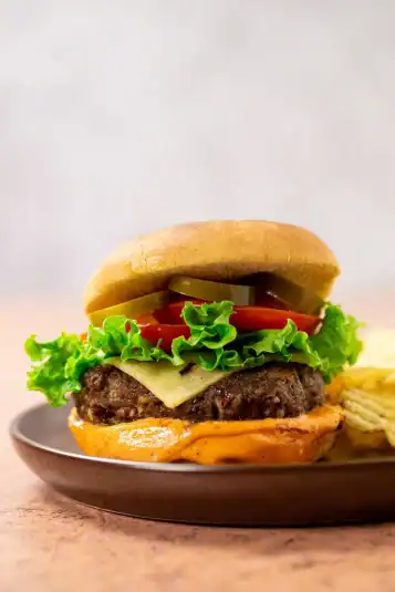 Close up of a juicy burger with lettuce, cheese, tomatoes and pickles.