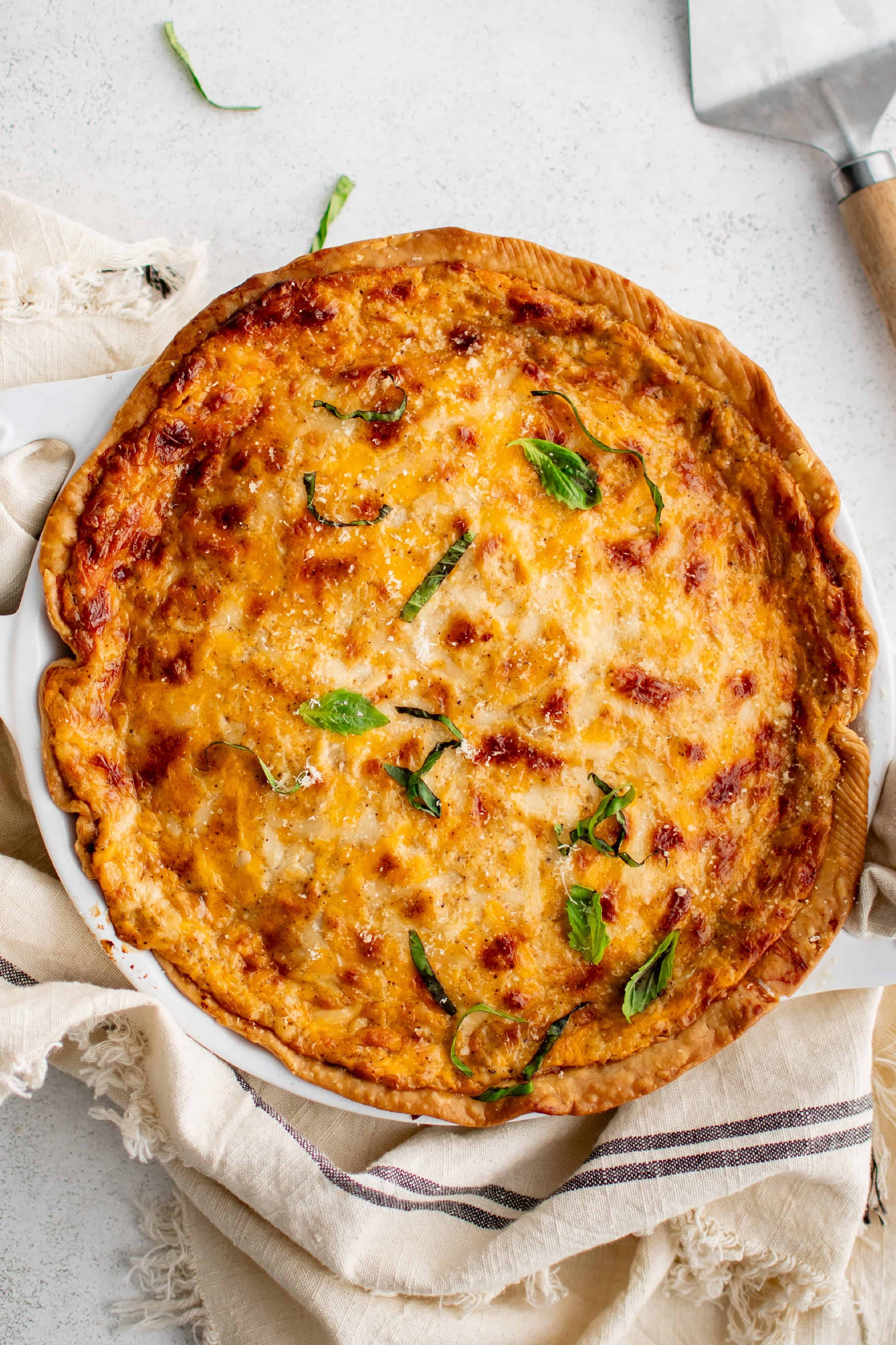 Golden and bubbly tomato pie garnished with fresh basil in a white pie dish.
