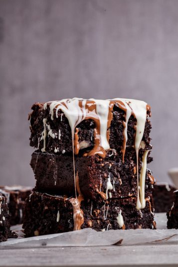 A stack of Triple Chocolate Coconut Brownies.