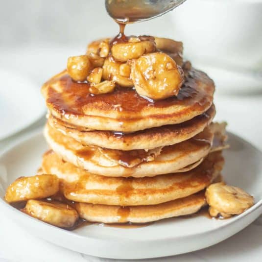 Stack of bananas foster pancakes.