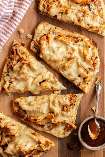 BBQ chicken pizza flatbread baked and sliced.