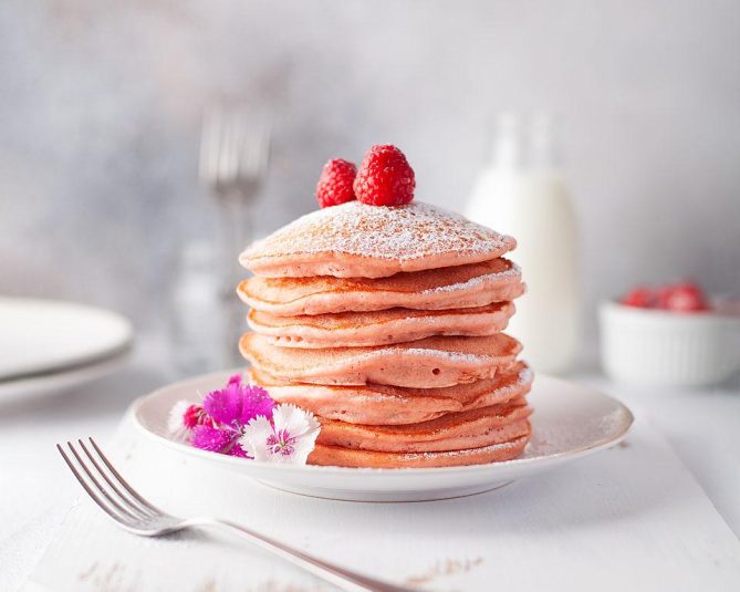 A stack of Beetroot Light and Fluffy Pink Pancakes.
