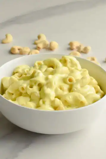 Cashew mac and cheese in a white bowl on a marble surface with cashews in the background.