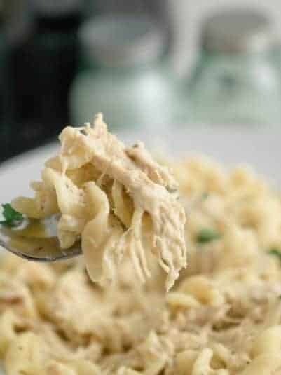 Pieces of chicken on a plate of spaghetti.