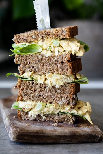 A stack of Curried chicken salad sandwiches.