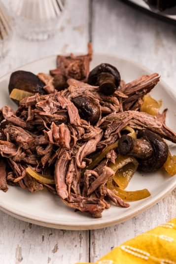 Overhead shot of serving of slow cooker horseradish pot roast.