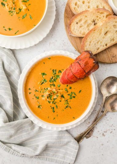 Overhead view of a Lobster Bisque.