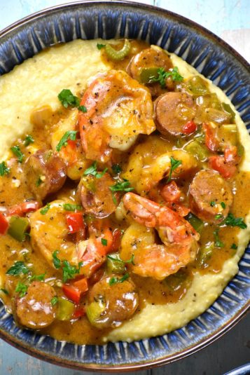 Top view of Lowcountry Shrimp and Grits.