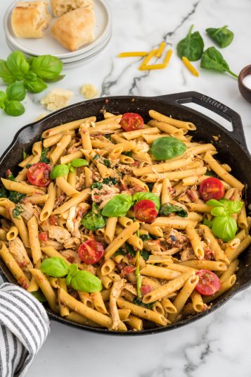 One Pot Burrata Pasta in a skillet.