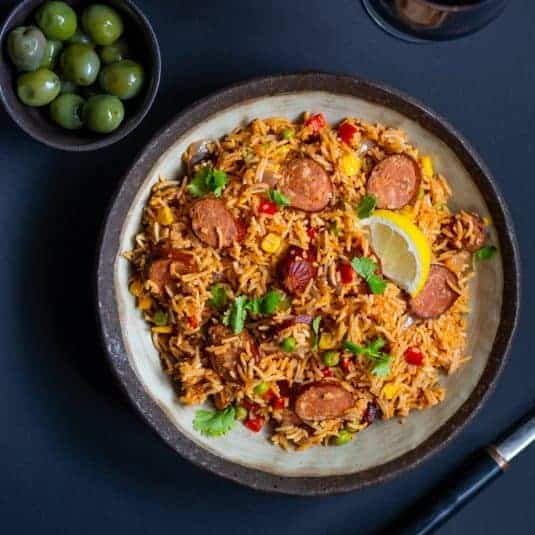Overhead view of One Pot Spanish Rice with Chorizo.