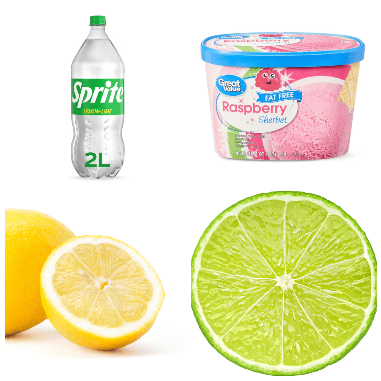 ingredients including sprite, lemon, lime, and raspberry sherbet.