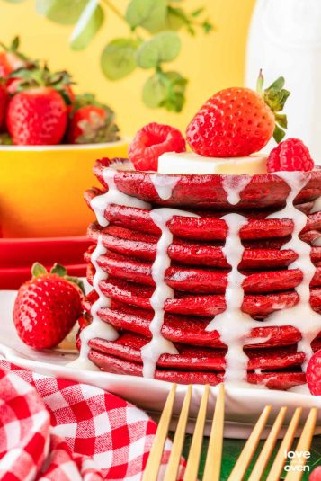 A stack of Red Velvet Pancakes.
