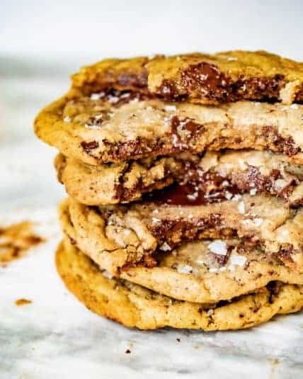 Stack of small batch chocolate chip cookies on a tray.