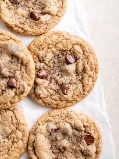 Close up of chewy chocolate chip sourdough cookies.