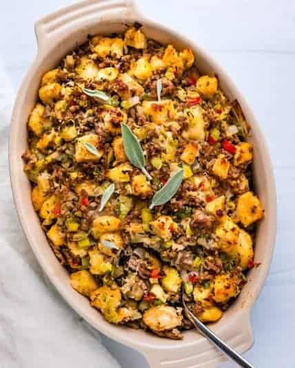 Traditional oyster dressing in a casserole dish.