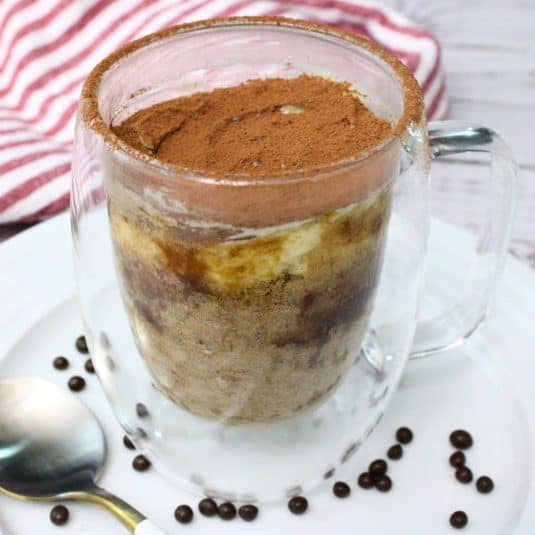 Closeup of a Tiramisu Mug Cake.