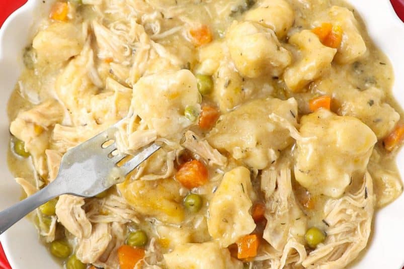 Creamy chicken and dumplings in a slow cooker.