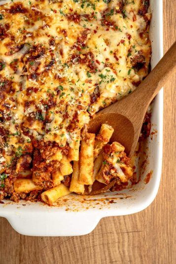 Tender baked ziti in a casserole pan.