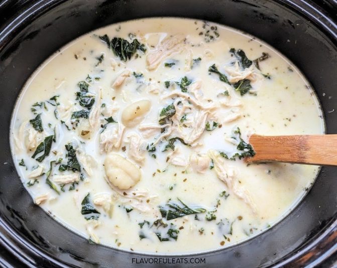 Overhead view of Slow Cooker Creamy Chicken Gnocchi Soup.