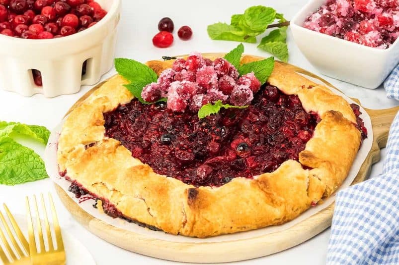 A rustic raspberry cranberry galette for a holiday dessert.