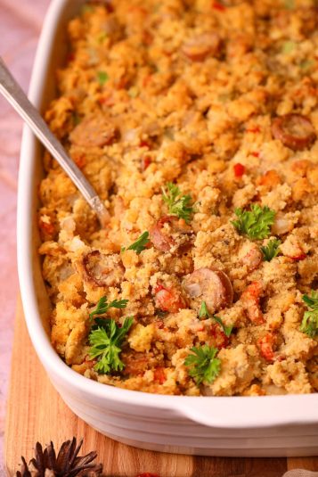 Crawfish cornbread dressing in a baking dish.