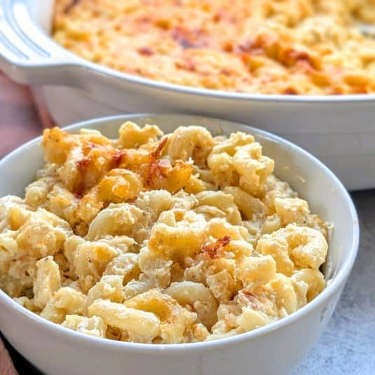 Ricotta baked macaroni and cheese recipe with cheddar cheese, sour cream, and whole milk ricotta.