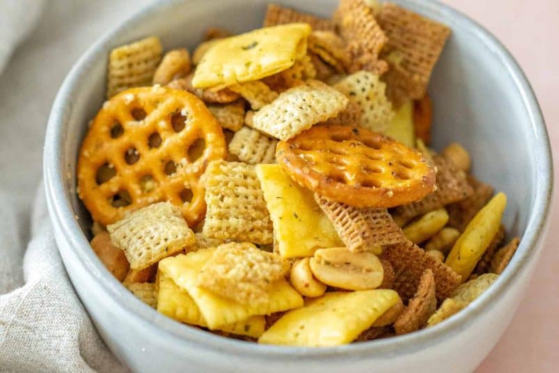 Spicy buffalo Chex mix in a bowl.