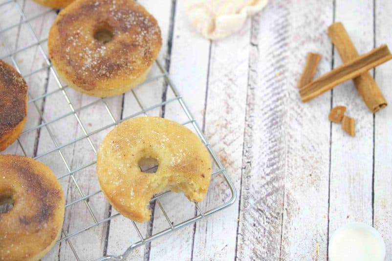 Stack of cinnamon sugar protein donuts.