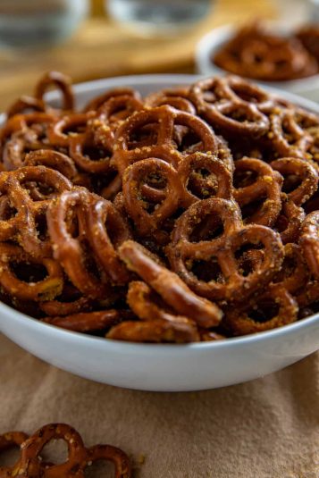 Seasoned pretzels in a serving bowl.