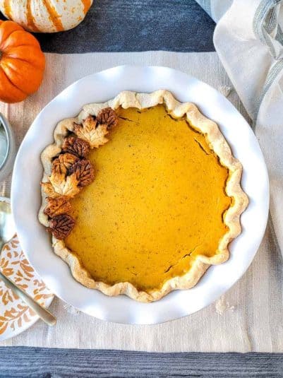 Overhead view of a Creamy Bourbon Pumpkin Pie.