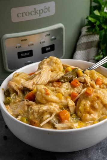 Close up of crock pot chicken and dumplings in a white bowl.