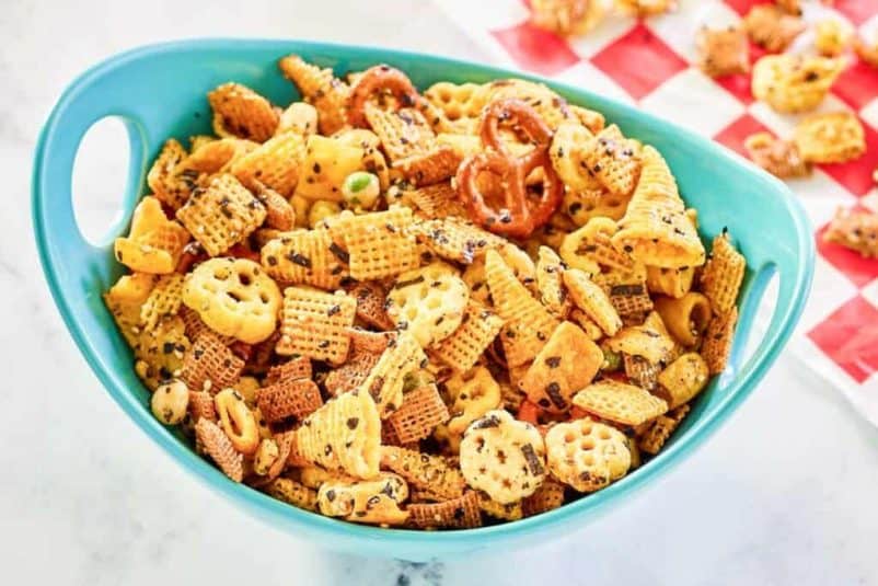 Tray of furikake Chex mix cooling.