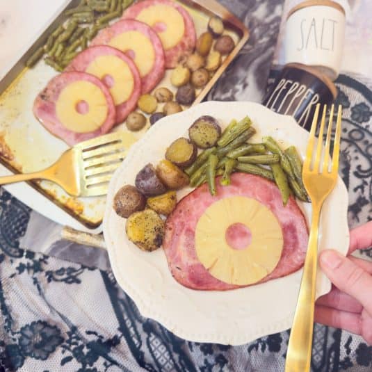 Ham Steak Sheet Pan Dinner on white plate.