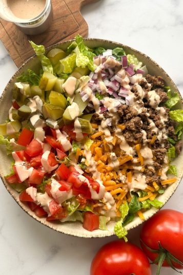 Hamburger in a bowl.