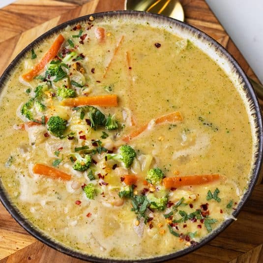 Close up of High Protein Broccoli Cheddar Soup with Cottage Cheese.