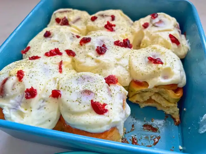 Matcha Cinnamon Rolls w/ Jam & Cream Cheese Frosting.