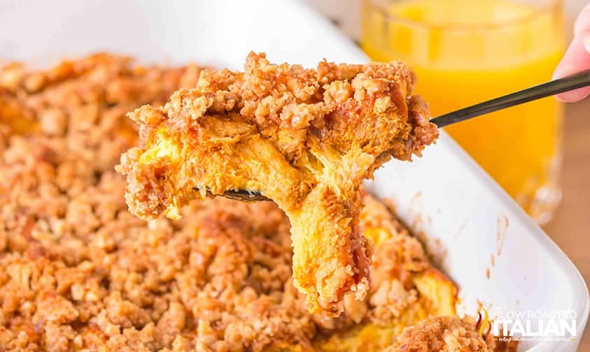 Closeup of pumpkin pie french toast casserole on a plate.