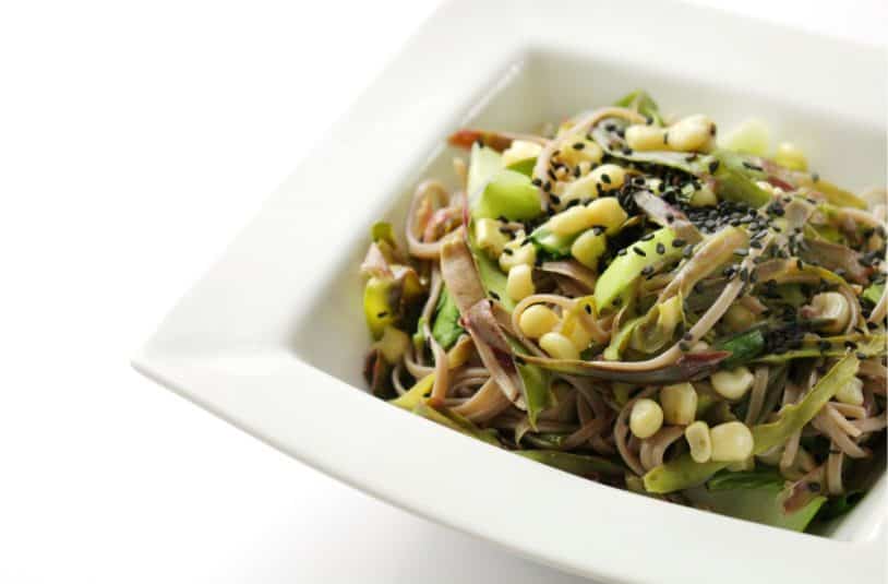 A serving of Shaved Purple Asparagus & Asian Vegetable Soba Noodles.