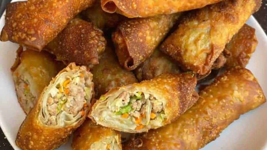 Platter of crispy Chinese egg rolls.