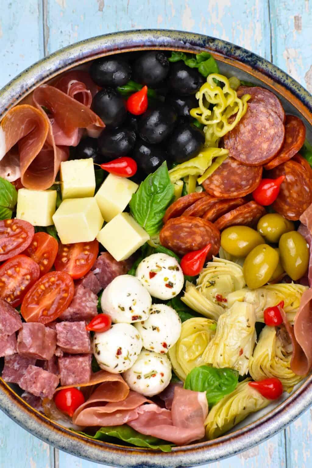 Close up of an Antipasto Salad.