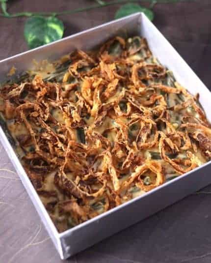 Thanksgiving and Christmas vegetarian green bean casserole with fried onions.