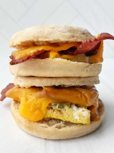 Closeup of Turkey Bacon Breakfast Sandwich.
