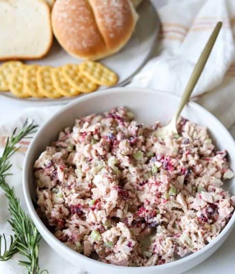 Turkey salad with cranberry sauce in bowl with breads and crackers behind it.